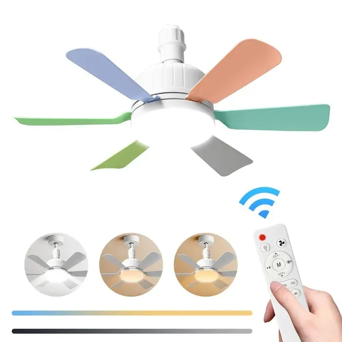 Ventilateur Luminaire E27 Coloré 6 Pales Moteur Silencieux 3 Couleurs Lumière 2/4h Minuterie Pour Chambre Enfant Salon Bureau