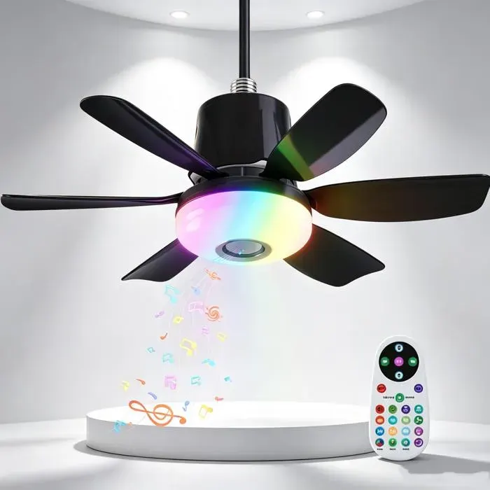 Ventilateur Luminaire E27 RGB 7 Couleurs Arc-en-ciel Rythme Musical Moteur DC Sans Balais Dimmable Minuterie 1/2/4h Noir
