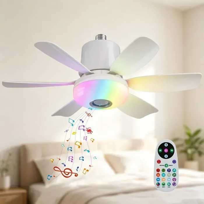 Ventilateur Luminaire E27 RGB 7 Couleurs Arc-en-ciel Rythme Musical Moteur DC Sans Balais Dimmable Minuterie 1/2/4h Blanc