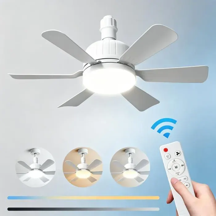 Ventilateur Luminaire E27 Silencieux 6 Pales Moteur Sans Balais 3 Couleurs Lumière Minuterie Pour Chambre Enfant Salon Bureau