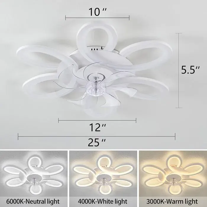 Ventilateur Luminaire Moderne Blanc 25 3500lm 3 Températures Mémoire Lumière 6 Vitesses Minuterie 1/2h Pour Salon Chambre