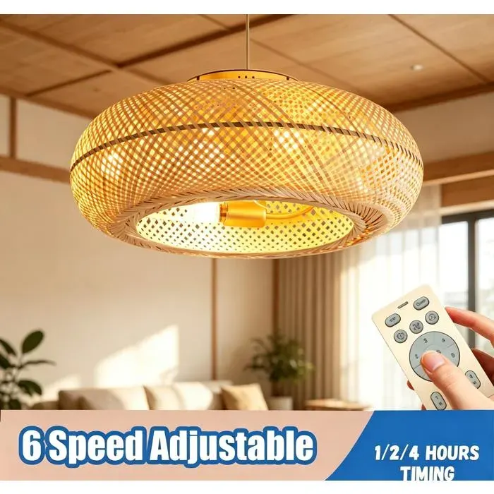 Ventilateur Luminaire Rétro Bambou Rotin Fait Main Moteur Inverter Silencieux 6 Niveaux Timer 1/2/4h Pour Salle à Manger Chambre
