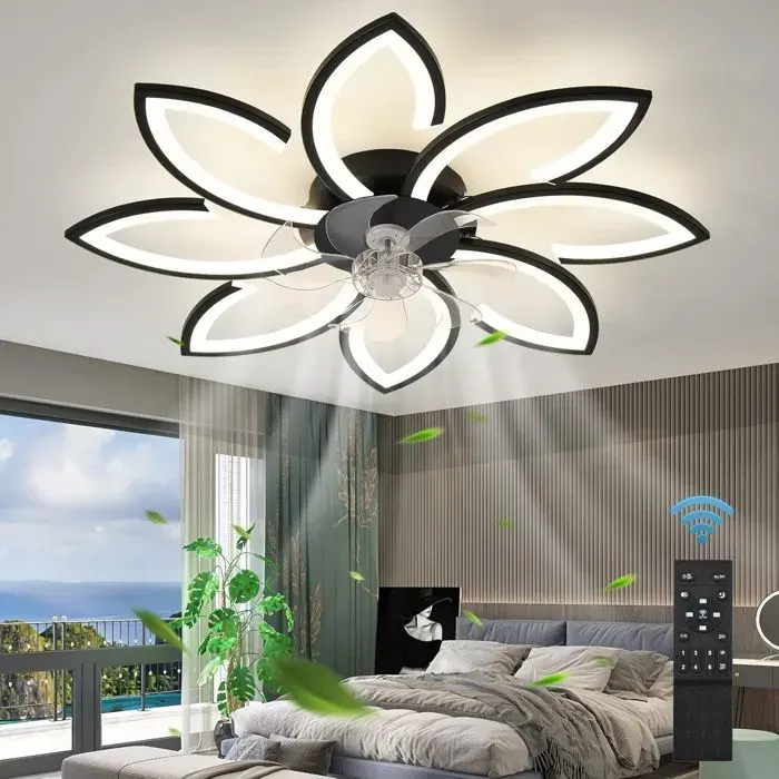 Ventilateur Luminaire Ventilateur Plafonnier Noir 90cm 2400lm 6 Vitesses Réversible Été/Hiver Lumière Pièce 8-15㎡ Salon Bureau