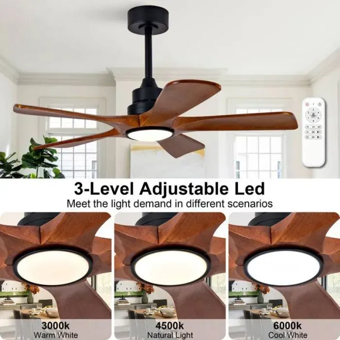 Ventilateur-lustre 42 pouces télécommandé 5 pales robustes 3 températures de lumière 6 vitesses de ventilation réglables