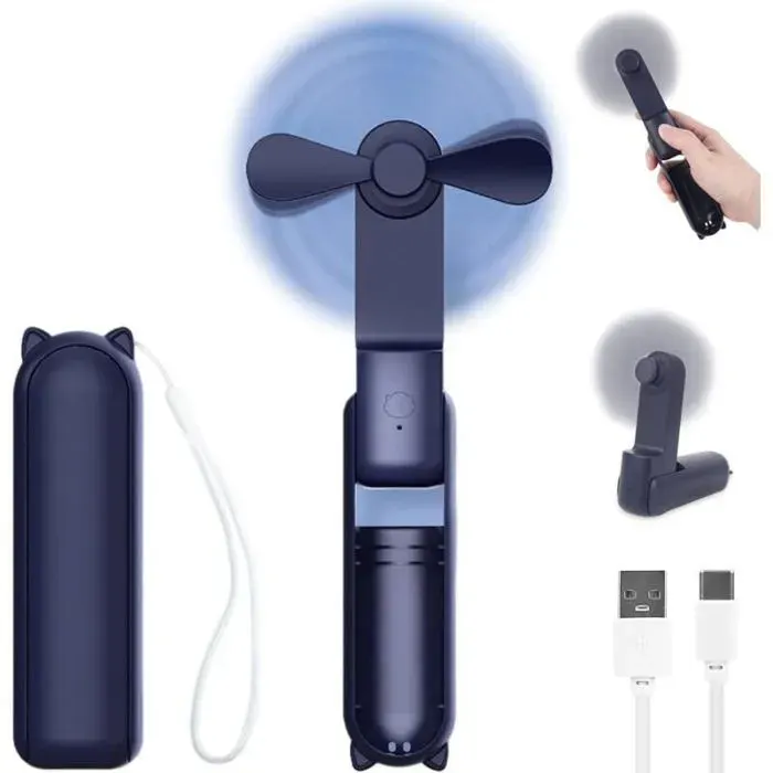 Ventilateur Main Portable Rechargeable Pliable Silencieux Alimentation Mobile Bureau/Domicile/Voyage Bleu