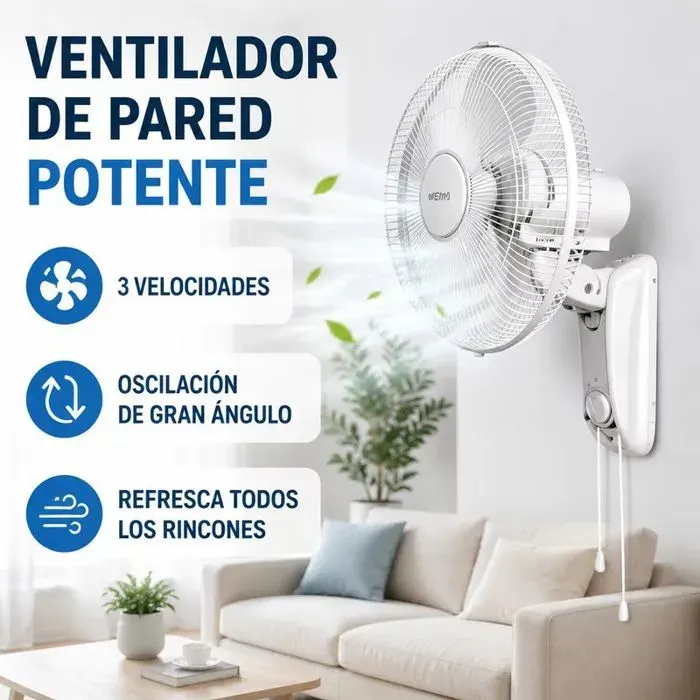 Ventilateur Mural 40 cm Oscillant 3 Vitesses Commande par Cordon Tête Inclinable 90 Moteur Économe en Énergie Idéal pour
