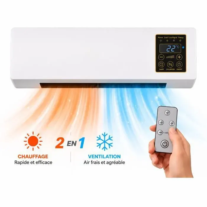 Ventilateur Mural avec Chauffage 1200W Télécommande Écran LED Minuterie Mode Ventilation Été Hiver