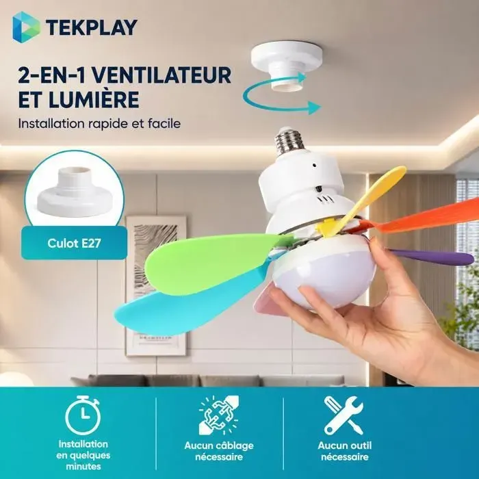 Ventilateur pales colorées TEKPLAY LED à visser sur culot E27 42 cm avec Télécommande – 6 Pales – 3 Vitesses – Intensité Réglable