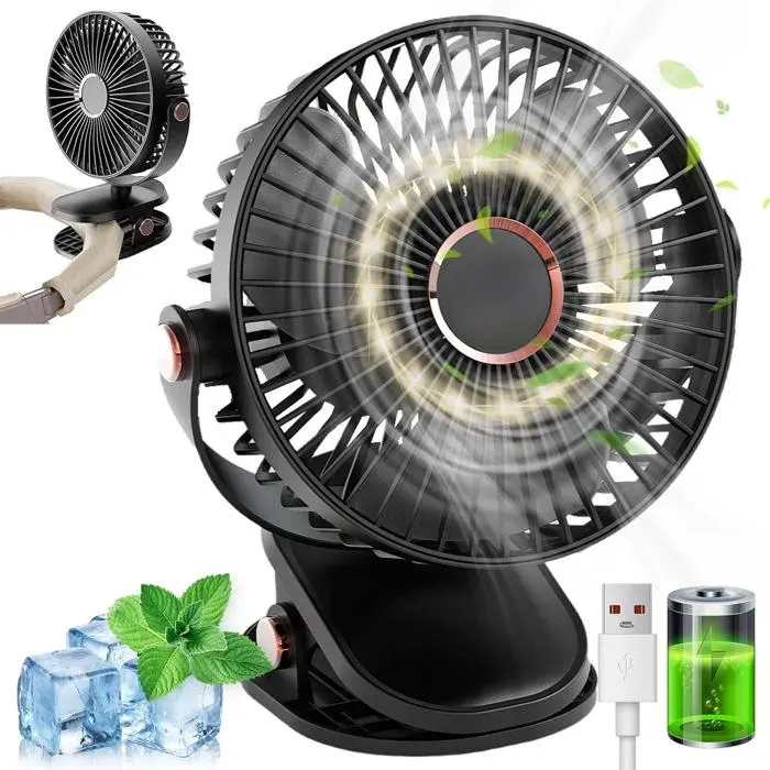 Ventilateur Pince Petit Ventilateur de Bureau 1200 mAh Mini Ventilateur USB Silencieux 3 Vitesses Rotation 720° (Noir)