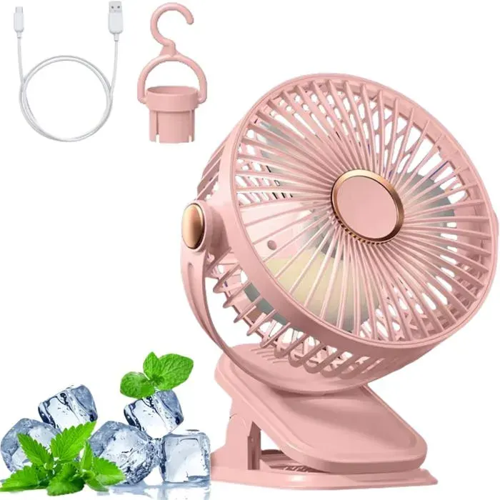 Ventilateur pince USB Silencieux 5 Vitesses Rotation 360° Avec des lumières Convient aux bureaux aux dortoirs1200mahrose