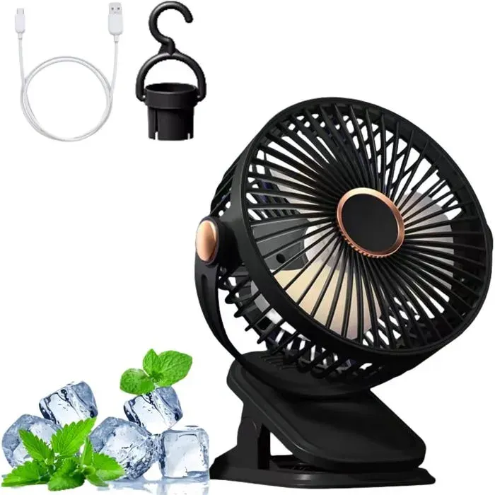 Ventilateur pince USB Silencieux 5 Vitesses Rotation 360° Avec des lumières Convient aux bureaux aux dortoirs1200mahnoir
