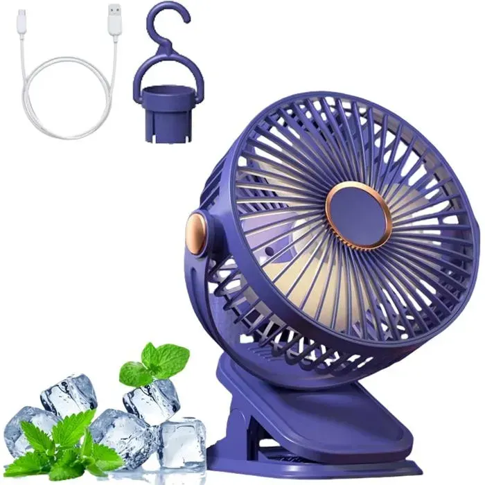 Ventilateur pince USB Silencieux 5 Vitesses Rotation 360° Avec des lumières Convient aux bureaux aux dortoirs1200mahbleu