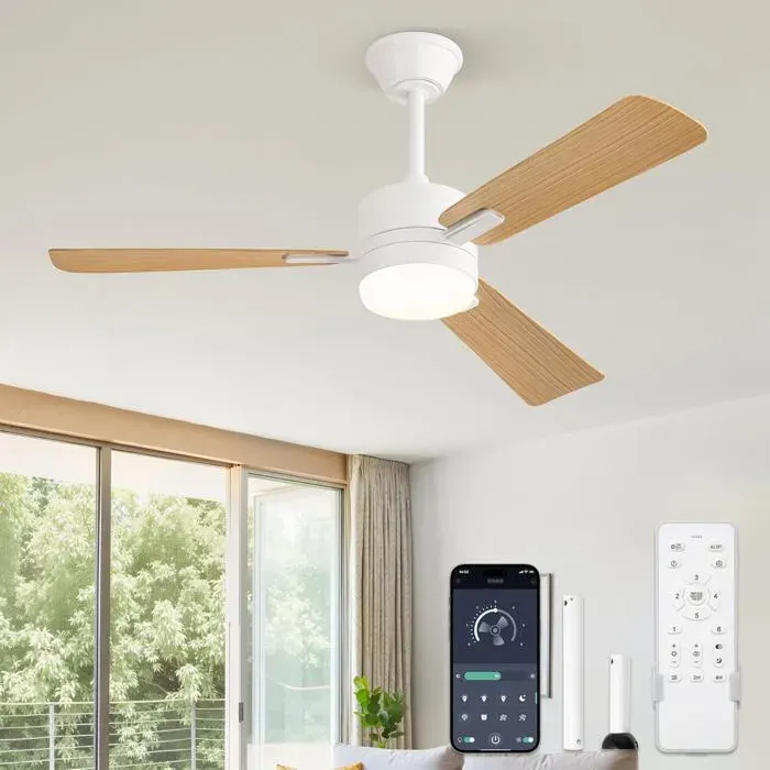 Ventilateur plafond Ø106 cm bois contrôle app + télécommande 3CCT 6 vitesses luminosité 10–100% minuterie 2/4h