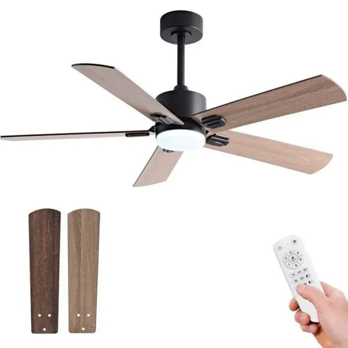 Ventilateur plafond 107 cm avec Éclairage - 6 Vitesses - Télécommande - Moteur CC Silencieux - Noir et Noyer Foncé