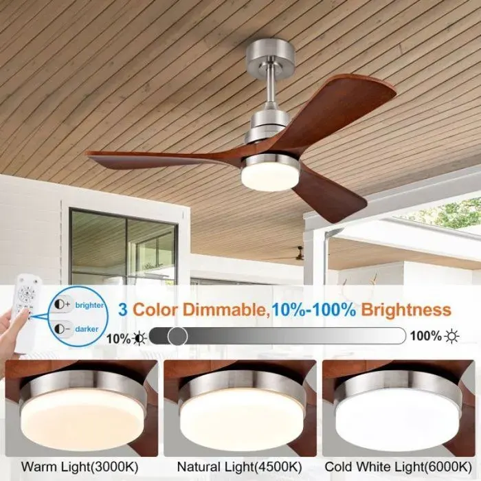 Ventilateur plafond 107 cm - - Avec Lumière et Télécommande - Pour Intérieur et Extérieur - Couleur Nickel et Noyer