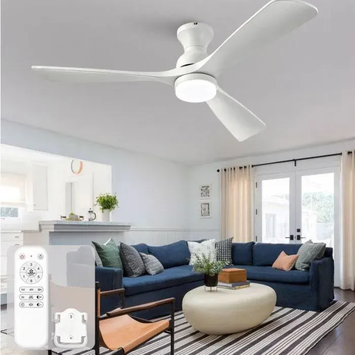 Ventilateur plafond 132 cm avec éclairage LED télécommande 3 pales en bois blanc 6 vitesses