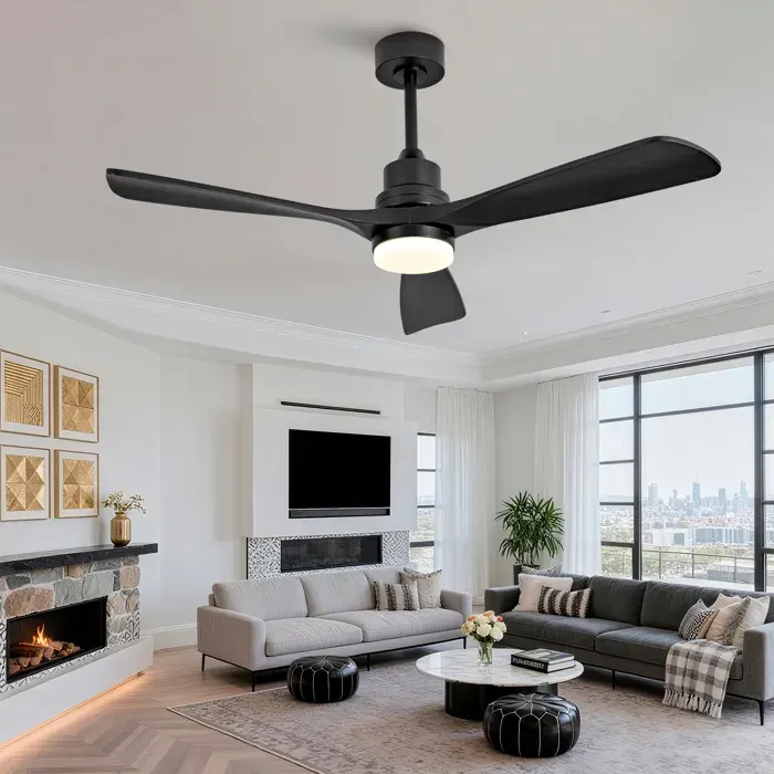 Ventilateur Plafond 132cm - avec Lampe Moteur DC 35W 3 Pales Bois Massif LED Dimmable Télécommande - Noir