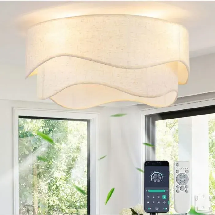 Ventilateur plafond 19 pouces 4 douilles E26 commande App et télécommande 6 vitesses réversibles tissu Gold et Blanc