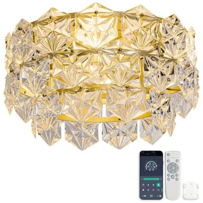 Ventilateur plafond 19 pouces lustre cristal doré pales ABS contrôle App et télécommande 6 vitesses réversibles pour intérieur