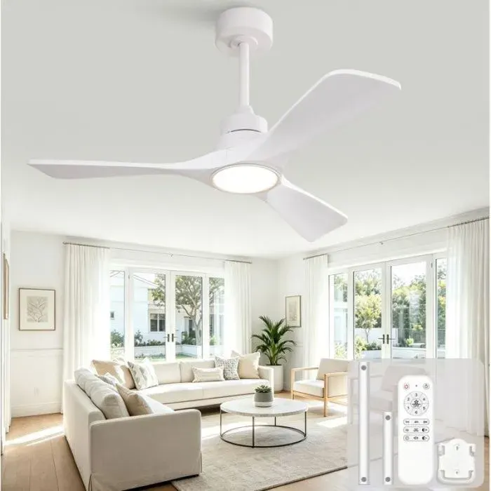 Ventilateur plafond 42 pouces blanc à 3 pales en bois LED intégrée moteur DC réversible télécommande