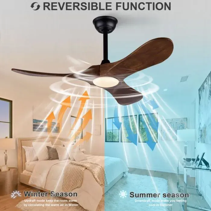 Ventilateur plafond 42 pouces design Noir+Noyer éclairage modulable 3 températures 3 pales bois massif 6 vitesses pilotable par — coloris Blanc
