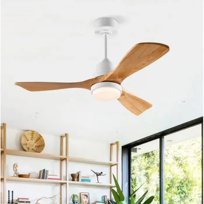 Ventilateur plafond 42 Pouces LED 6 vitesses télécommande pales en bois massif blanc naturel