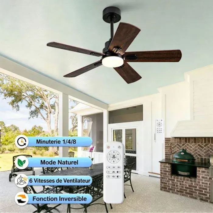 Ventilateur plafond 42 pouces noir à lumière 5 pales pilotable par télécommande 6 vitesses réversibles intérieur et extérieur
