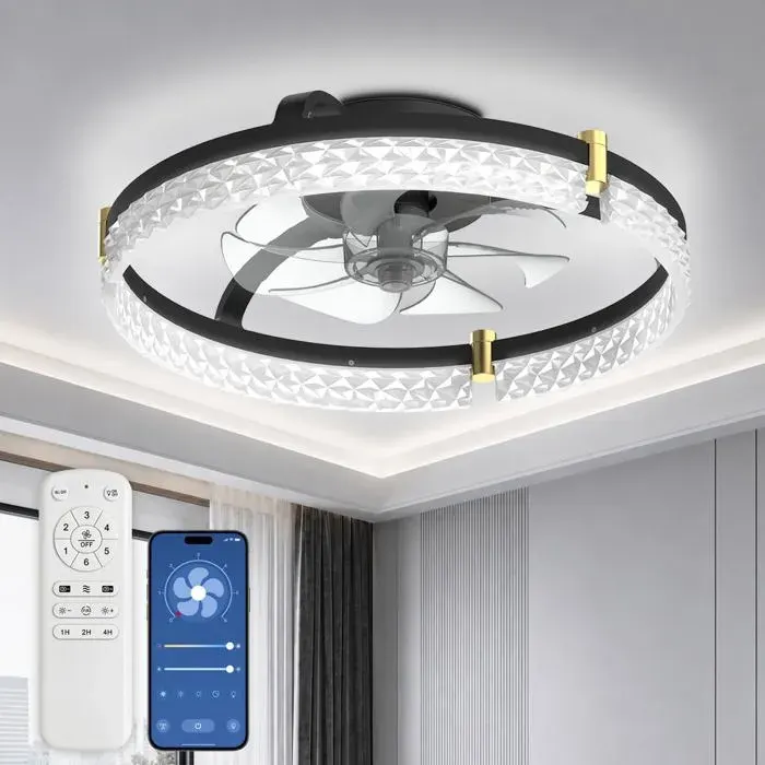 Ventilateur plafond 48 cm LED rond silencieux télécommande + app moteur DC réversible chambre moderne