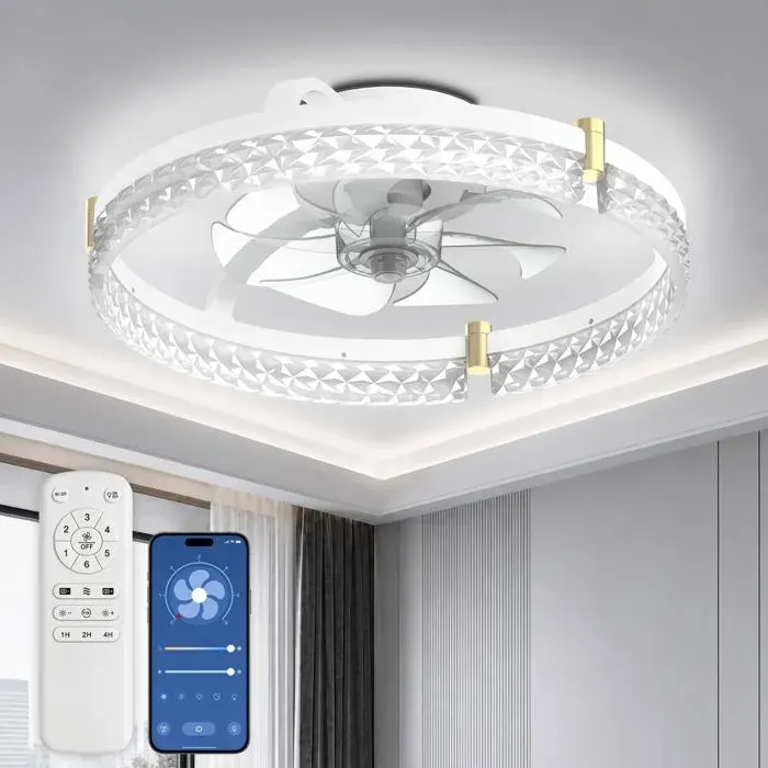 Ventilateur plafond 48 cm rond silencieux LED moteur DC réversible télécommande chambre moderne