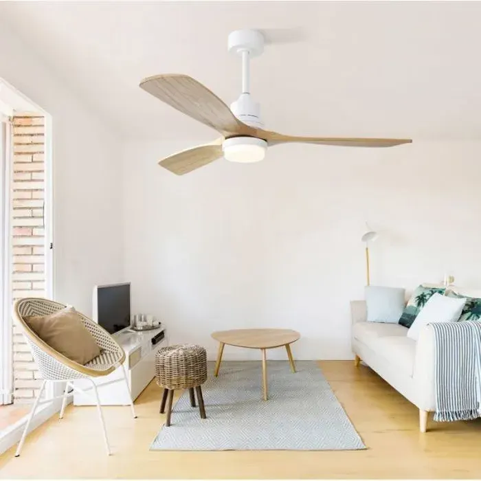 Ventilateur Plafond 52 pouces 3 pales bois silencieux moteur CC économe 6 vitesses réversible éclairage LE VENTILATEUR DE PLAFOND — coloris Blanc