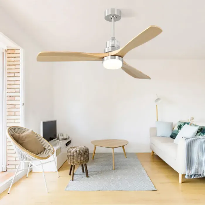 Ventilateur plafond 52 pouces (52 Zoll) lumière LED dimmable 6 vitesses 3 pales en bois moteur DC réversible.