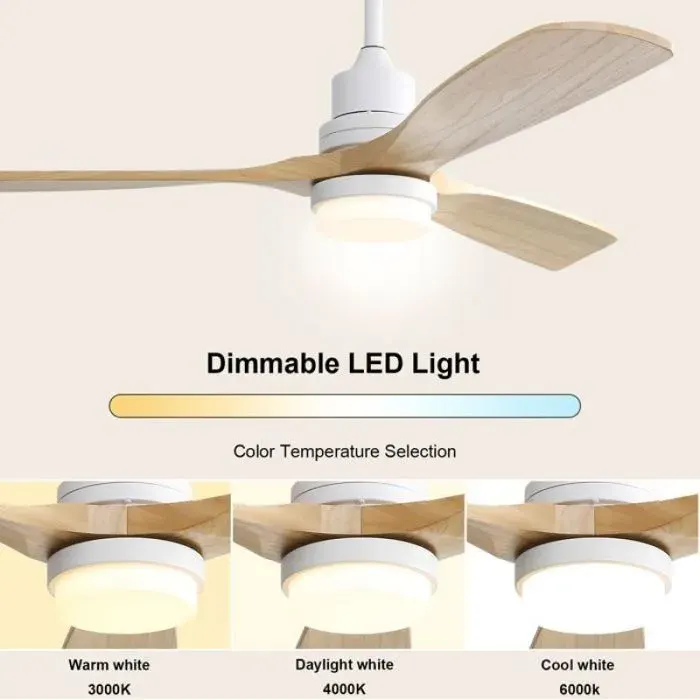 Ventilateur plafond 52 pouces à 3 pales bois design moderne soufflage été/hiverLED à intensité variable m VENTILATEUR DE PLAFOND — coloris Blanc