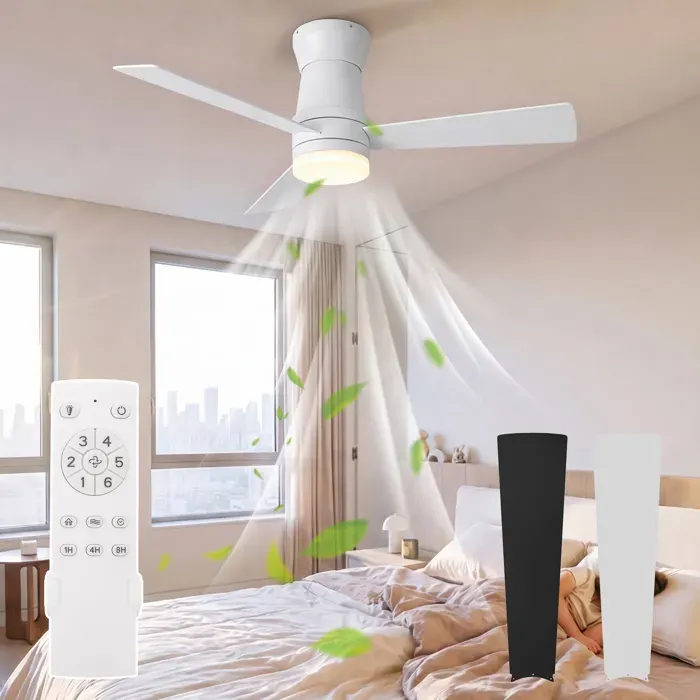 Ventilateur Plafond 52 pouces avec LED LED Tricolore 6 Vitesses Telecommande Fonction Minuterie Double Usage Hiver Eté Blanc