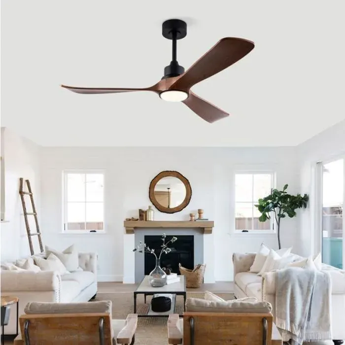 Ventilateur plafond 52 Pouces LED 6 Vitesses Réversible Télécommande ABS Noir Noyer Foncé