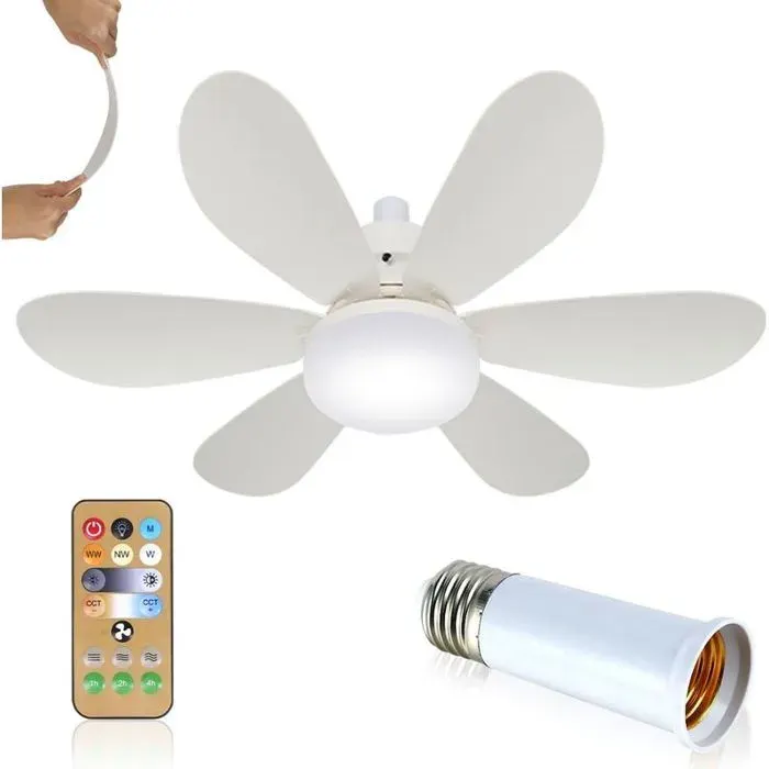 Ventilateur plafond 52cm + lumière E27 dimmable télécommande 3 vitesses 6 pales