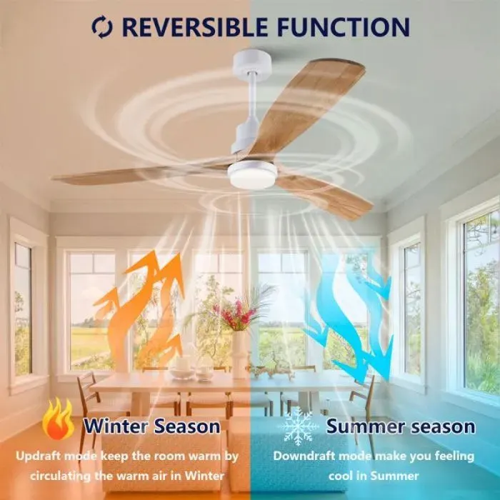 Ventilateur plafond 60 pouces bois massif moteur DC silencieux réversible 3 CCT 6 vitesses mémoire villa salon cuisine