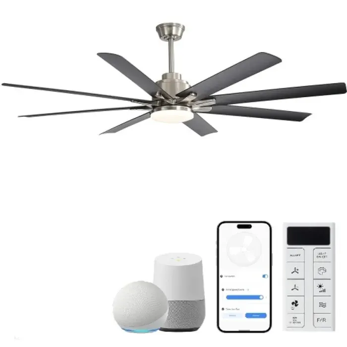 Ventilateur plafond 66 pouces modèle 8 pales connecté LED dimmable moteur DC 6 vitesses inversable livré avec télécommande