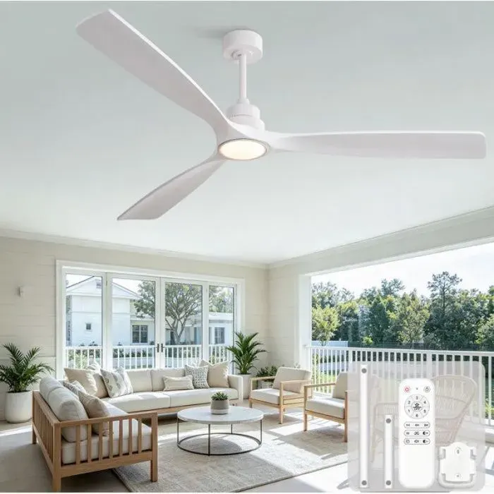 Ventilateur plafond 70 pouces blanc 3 pales en bois LED 3CCT télécommande moteur DC réversible 6 vitesses