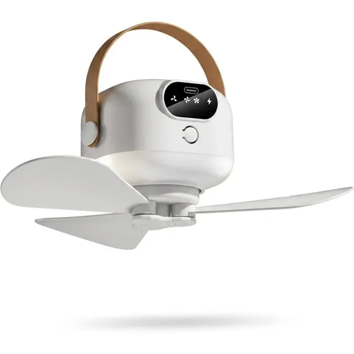 Ventilateur Plafond à Piles Portable Rechargeable à 3 Vitesses avec veilleuse Suspendue pour Tente Camping Camping Blanc