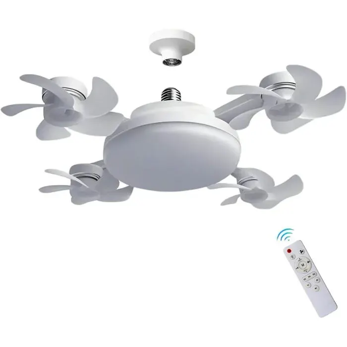 Ventilateur Plafond à Visser avec Lumière - VELUNOR - Télécommande - Dimmable - 3 Couleurs - 3 Vitesses - Installation E27 - 4 Têtes