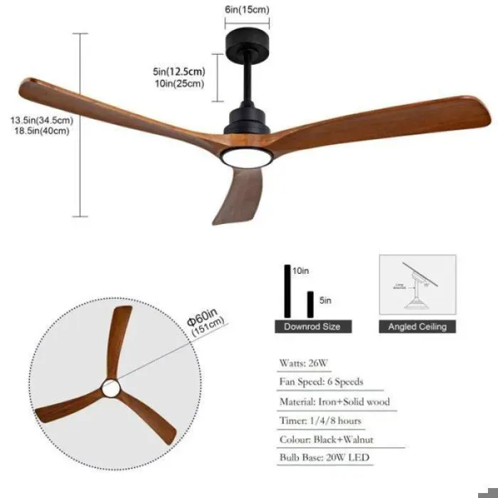 Ventilateur plafond avec éclairage 60 pouces 3 pales bois économe en énergie 6 vitesses ventilation 3CCT éclairage télécommande