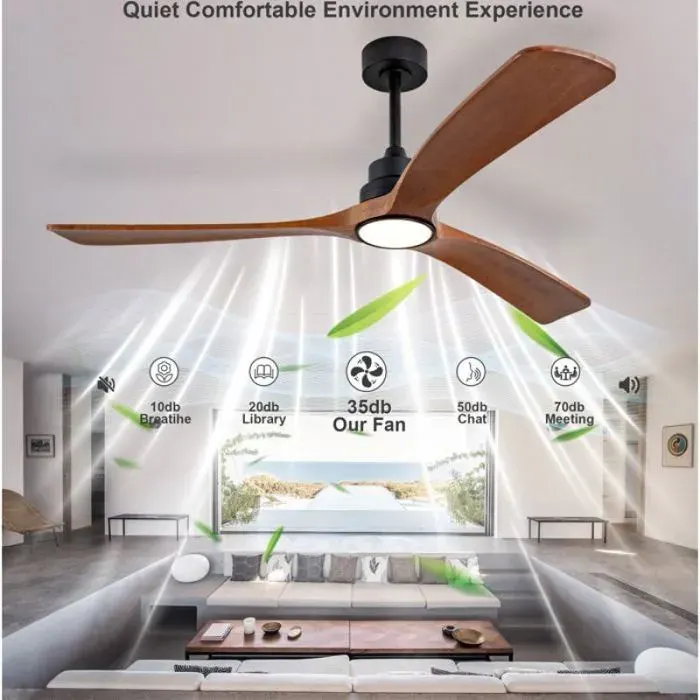 Ventilateur plafond avec éclairage 60 pouces 3 pales bois moteur DC silencieux 6 vitesses lumière 3CCT réglable télécommande +