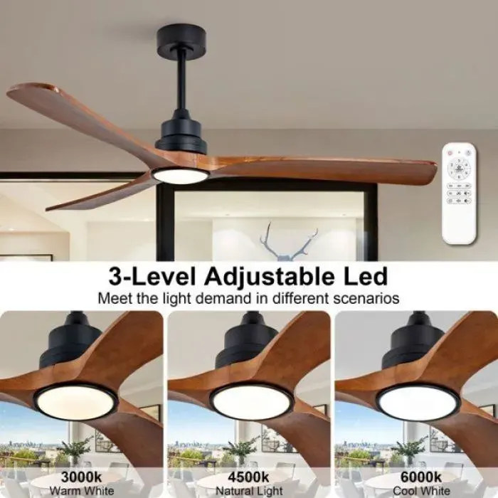 Ventilateur plafond avec éclairage 60 pouces 3 pales bois multifonction 6 vitesses de ventilation lumière 3CCT modulable téléco