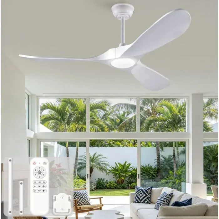 Ventilateur plafond avec éclairage LED 132 cm blanc 3 pales en bois télécommande 6 vitesses