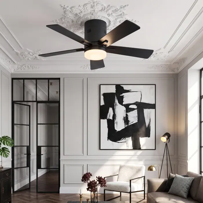 Ventilateur Plafond avec éclairage LED 5 pales réversible télécommande incluse pour Chambre et Salon Noir