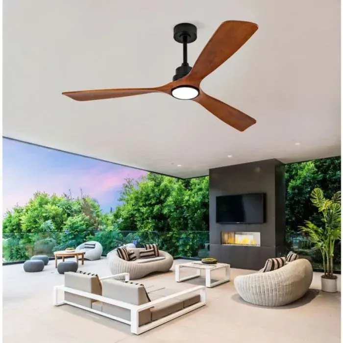 Ventilateur plafond avec LED télécommande 60 pouces 6 vitesses réversible noir et noyer