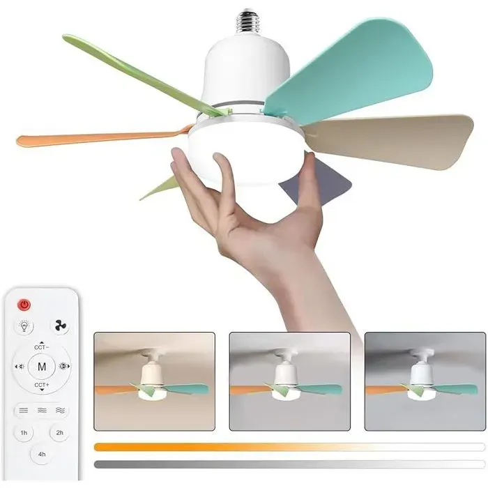 Ventilateur plafond avec lumiere 30W Lampe Ventilateur Plafond avec Douille E27 Dimmable 3 Vitesses 6 Pales (Multicolore 30w)