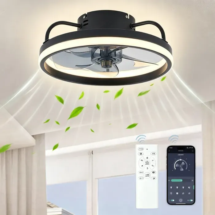 Ventilateur Plafond avec Lumière 33cm Lampe-Ventilateur APP+Télécommande 6 Vitesses Éclairage Dimable 3 CouleursSilencieuxNoir