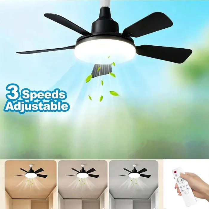 Ventilateur plafond avec lumiere 36W Lampe Ventilateur Plafond avec Douille E27 Dimmable LED pour Chambre Salon 3 Vitesses