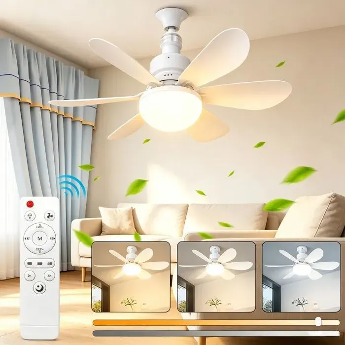 Ventilateur Plafond avec Lumiere 40W E27 6 Pales Blanches Dimmable 3 Vitesses Minuterie 4h Silencieux Télécommande Blanc